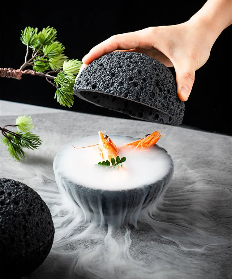 Japanese Black Cement Volcanic Stone Planet Bowls Molecular Cuisine Restaurant Tableware Dry Ice Salmon Sashimi Seafood Plates