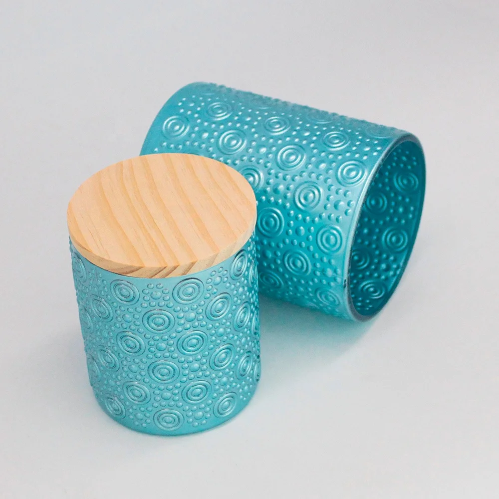 FENGJUN custom wholesale 6oz 11oz 20oz Translucence Blue Brown Gray Regular dots and circles glass candle jar for candle making