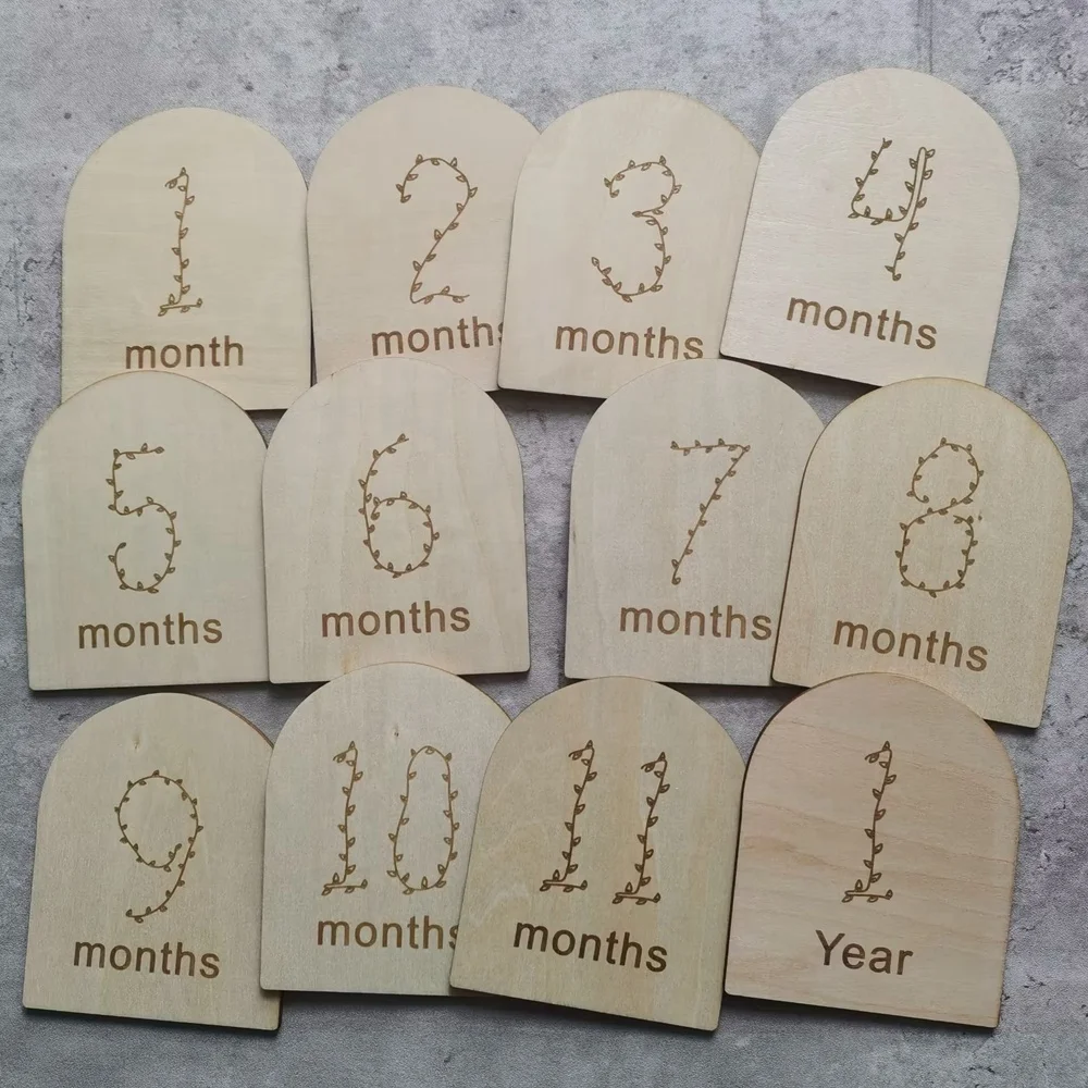Arch wood New born Milestones for 12 Months Monthly Baby Birth Announcement Card