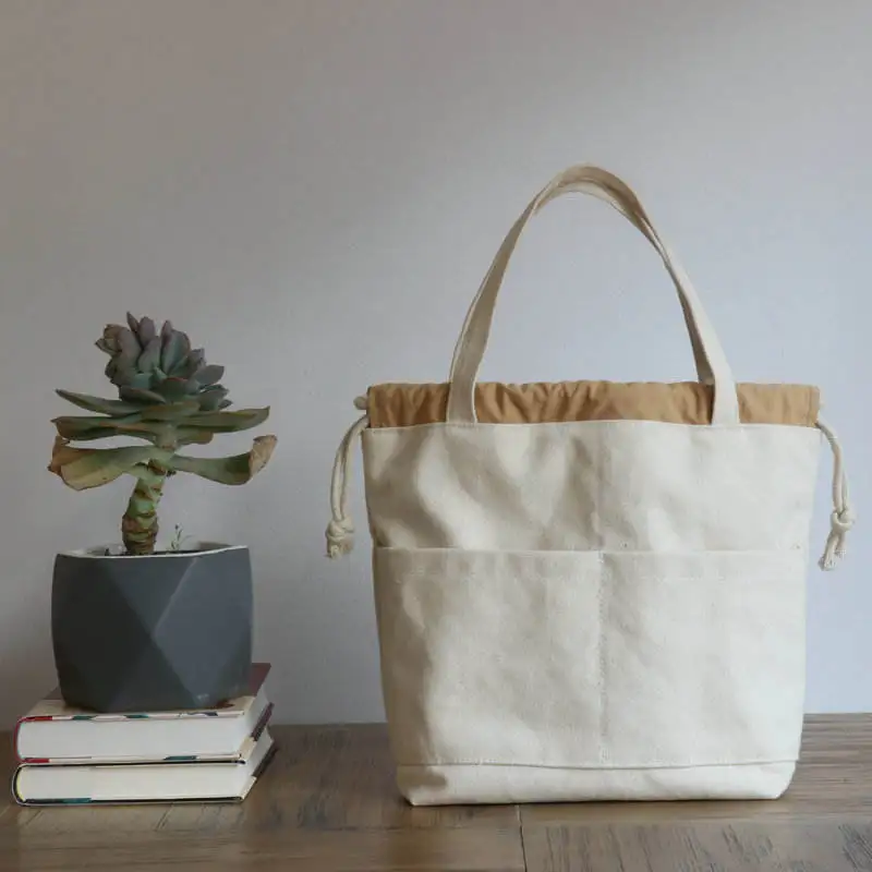 New Style INS Fashionable Simple Cotton Bento Lunch Bag Drawstring Bucket Canvas Tote Bags with Custom Printed Logo