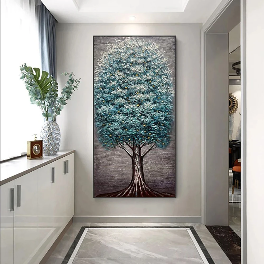 Modern Wall Art Handmade Abstract Thick structure Green Tree Oil Painting On Stretched Canvas Pictures for Home Decor
