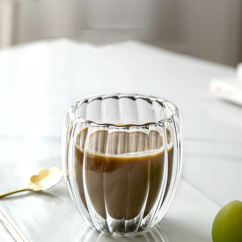 Wholesale Simple Vertical Stripe Coffee Milk Juice Transparent Double Wall Borosilicate Glass Cup