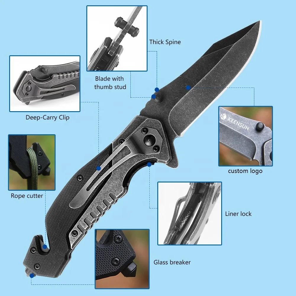 Hot selling wholesale cool looking folding hunting tool stainless pocket outdoor camping  g10 handle knife