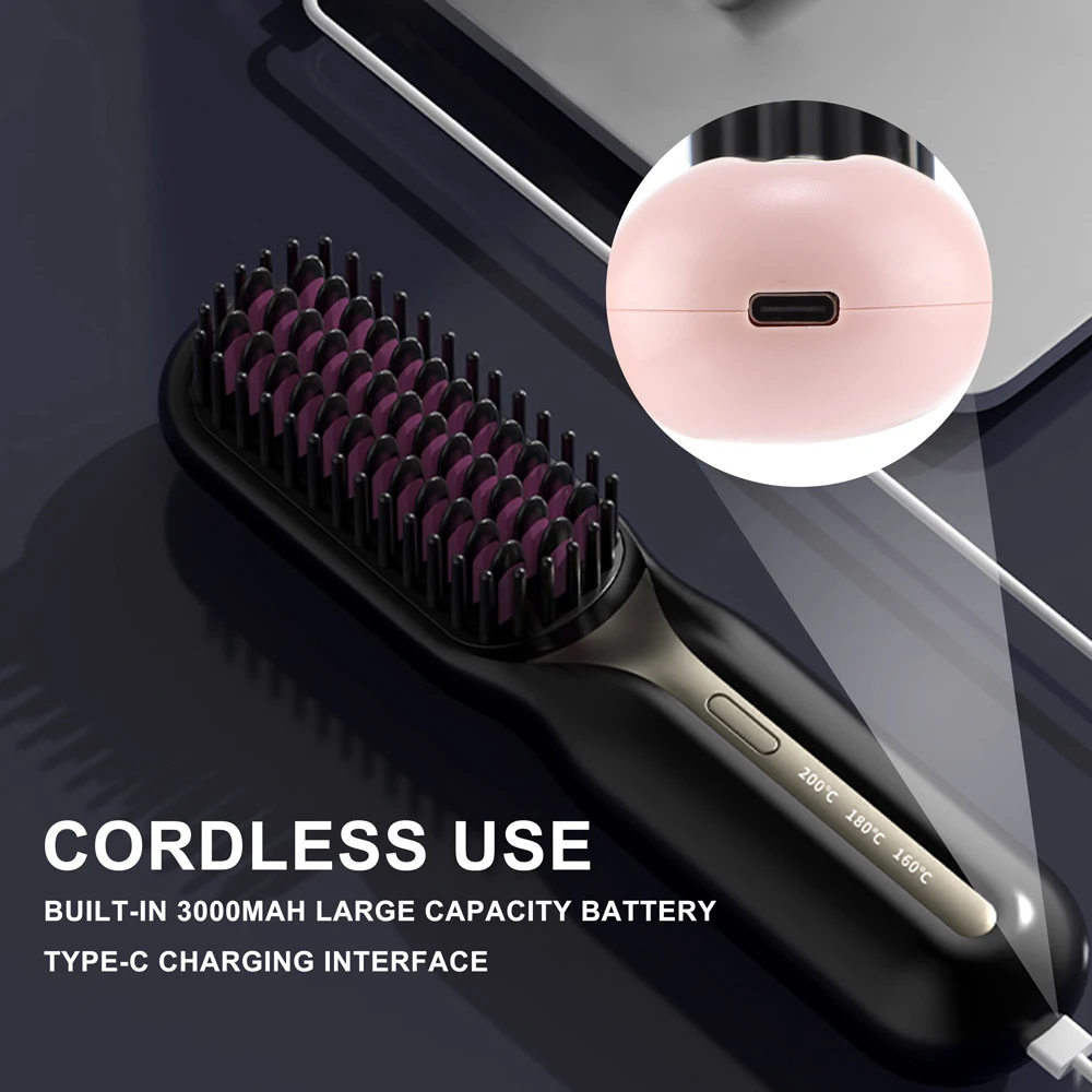 Wireless Portable Negative Ion Straightening Brush Electric Hair Straightener Hot Comb