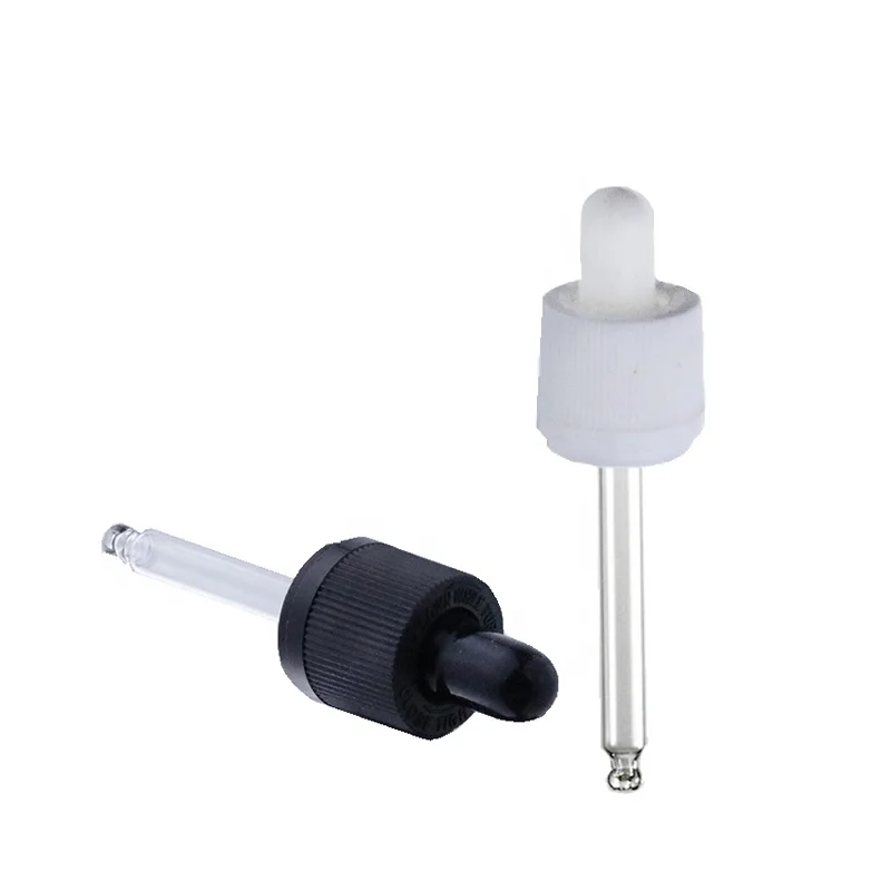 Fancy Custom 18mm 20mm black white plastic child proof dropper cap with glass serum pipette (NK-D-04)