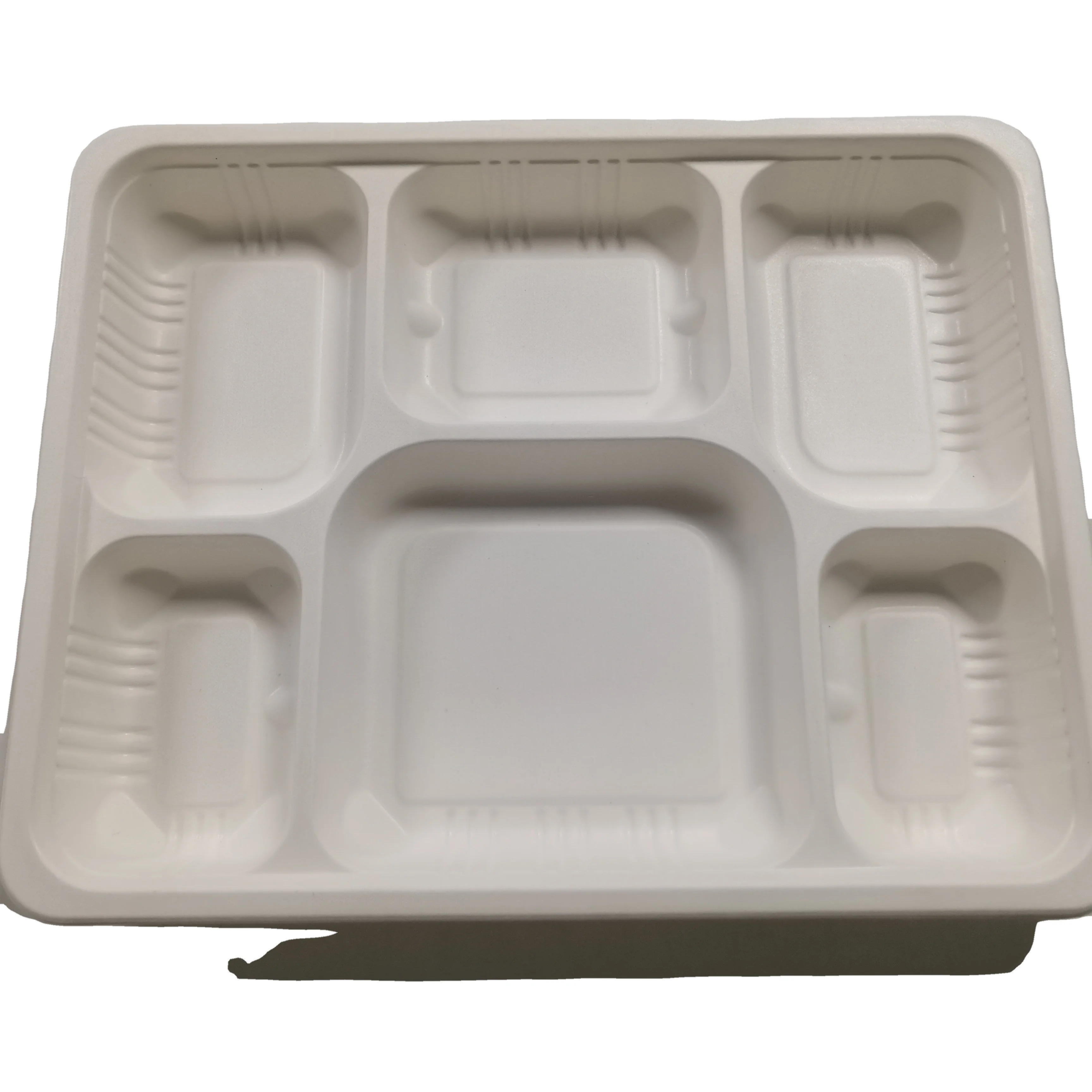 BOSI OEM Logo Bagasse Fiber 6 Compartment Hospital Lunch Plate Food Tray Disposable Fast Food Serving School Tray