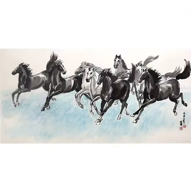Traditional Chinese style eight horses galloping picture office tea room wall hanging decorative canvas oil landscape painting