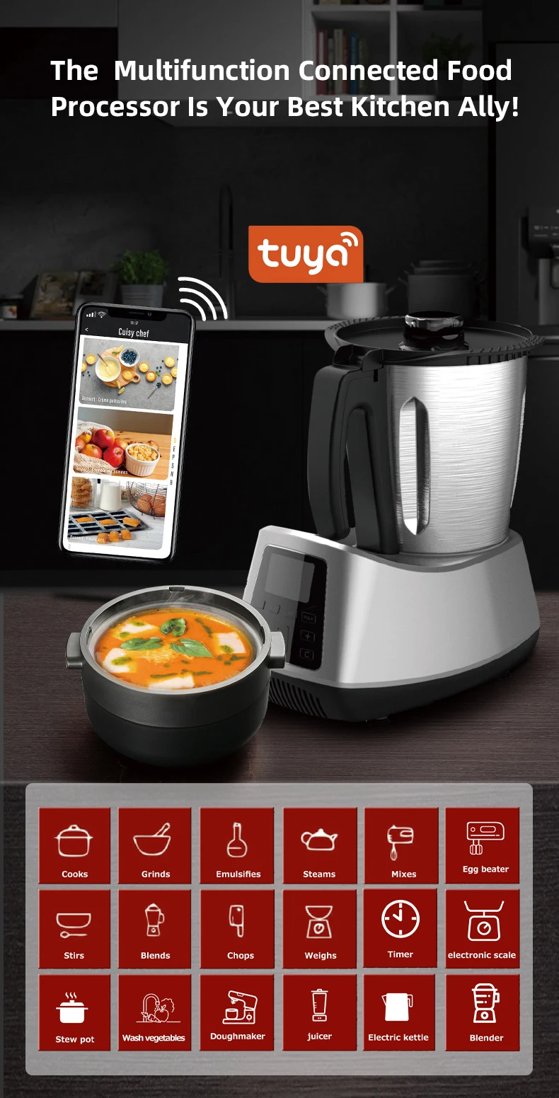 Automatic Cooking Robot Touch Screen Appliances Food Blender Chopper Steamer Sous Vide Gadgets App Control With Recipe