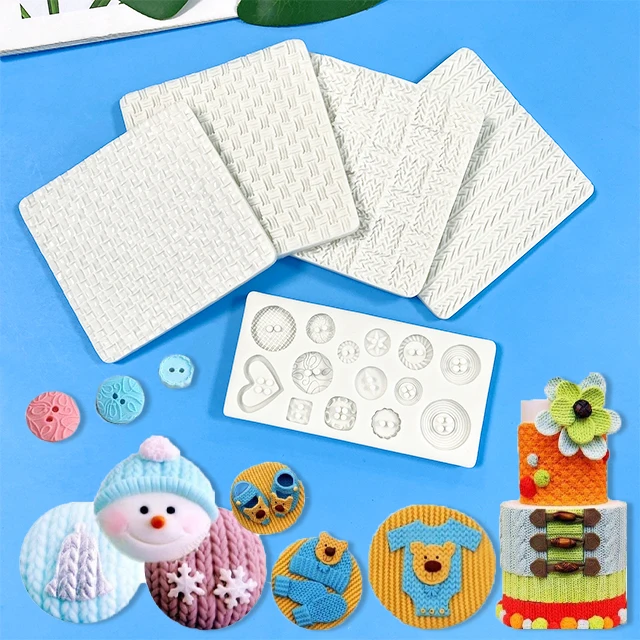 Set of 5 Mini Knitting Sweater Fondant Mold Crochet Texture Cake Decoration Button Impression Mat for Baby Shower Party Cupcake