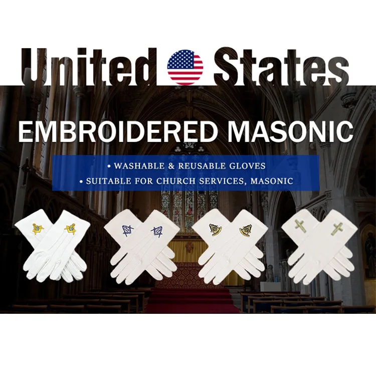 Women Men Stretch Masonic Freemasons Yellow Symbol 220 240g/sqm Thick 100% Cotton Embroidered White Gloves