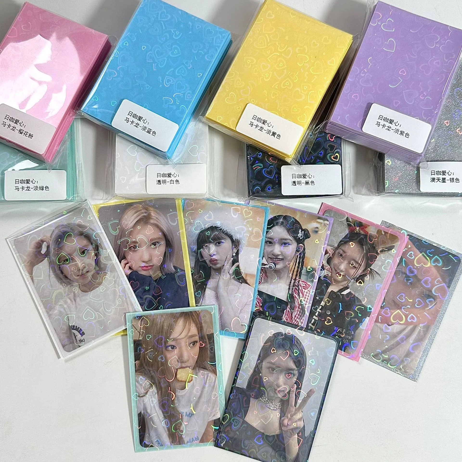 61*91mm Korea Stars Clear Holographic Cherry Blossom Sleeves Comic Heart Hologram Photo Card Sleeves Penny Sleeve