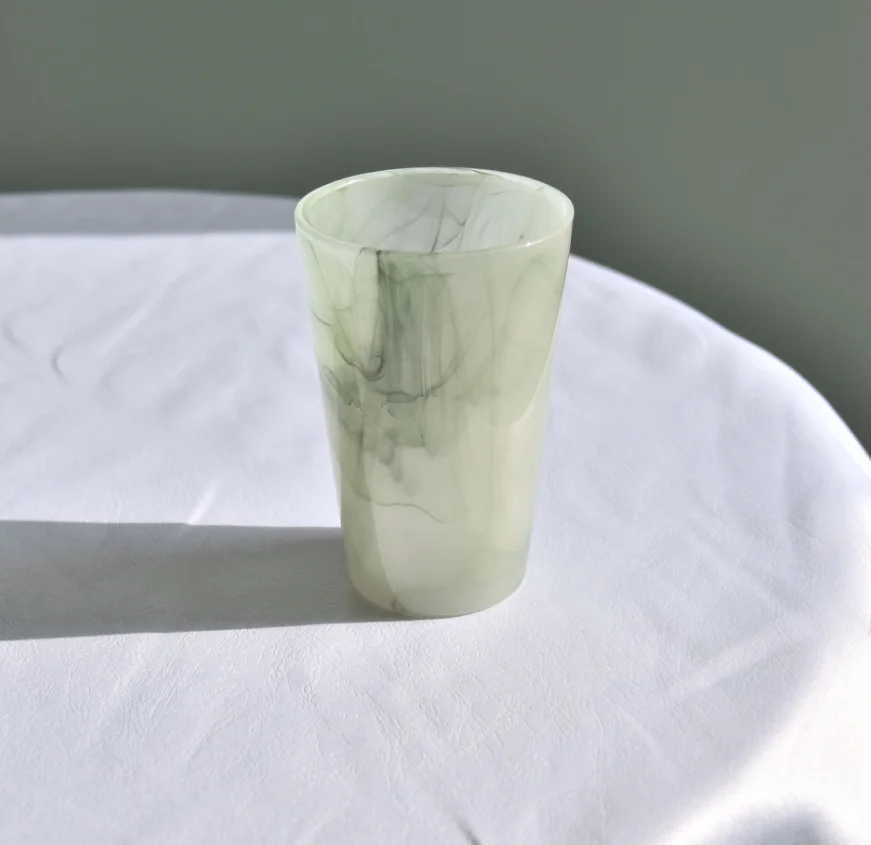 Custom Swirl Opal Colored Glass  Candle Jars empty art pattern milk water glass cup Chinese Jade colorful glasses tall tumbler