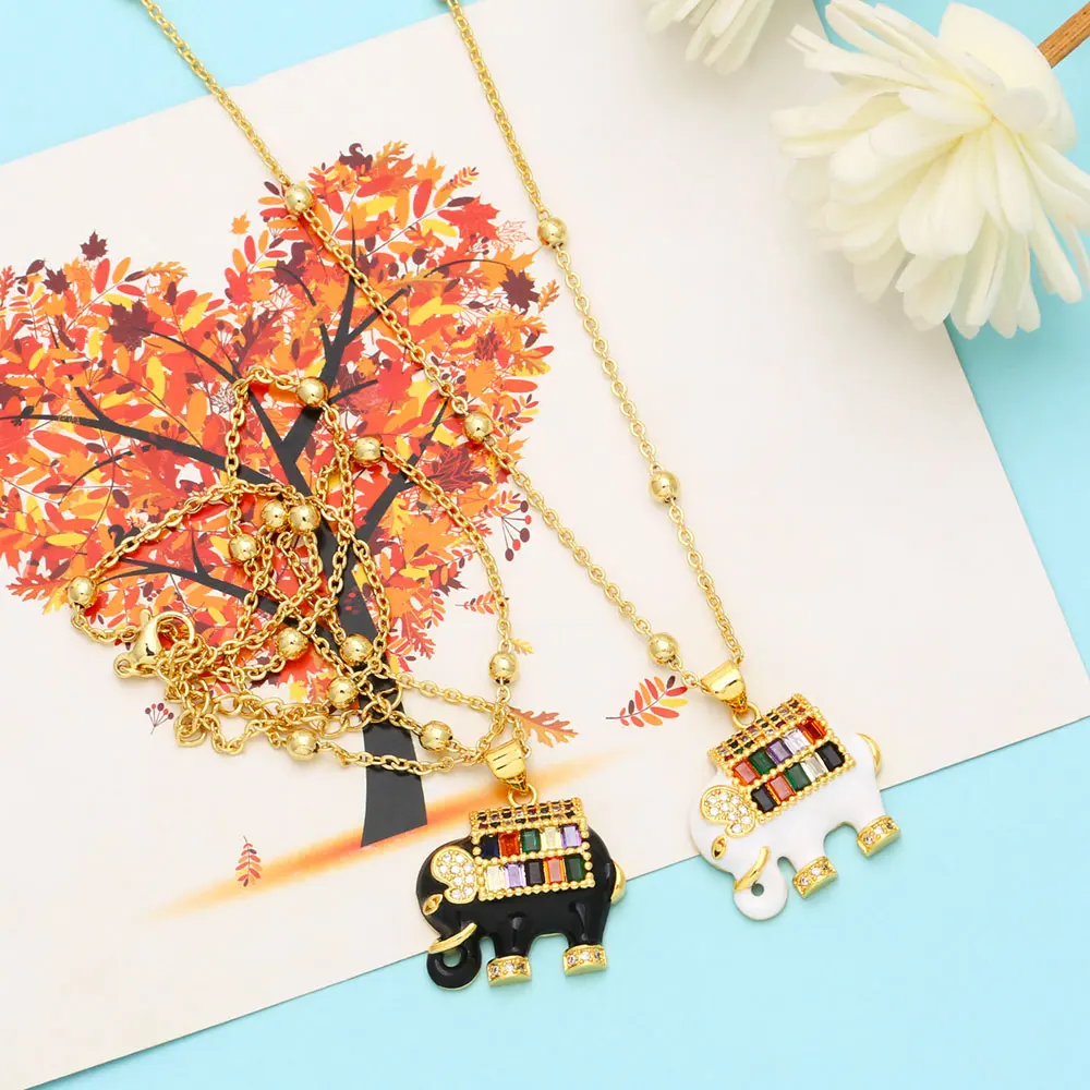 Fashion Black White Enamel Elephant Pendant Necklace Gold Plated Micro Pave Rainbow Zircon Animal Amulet Necklace Women Jewelry