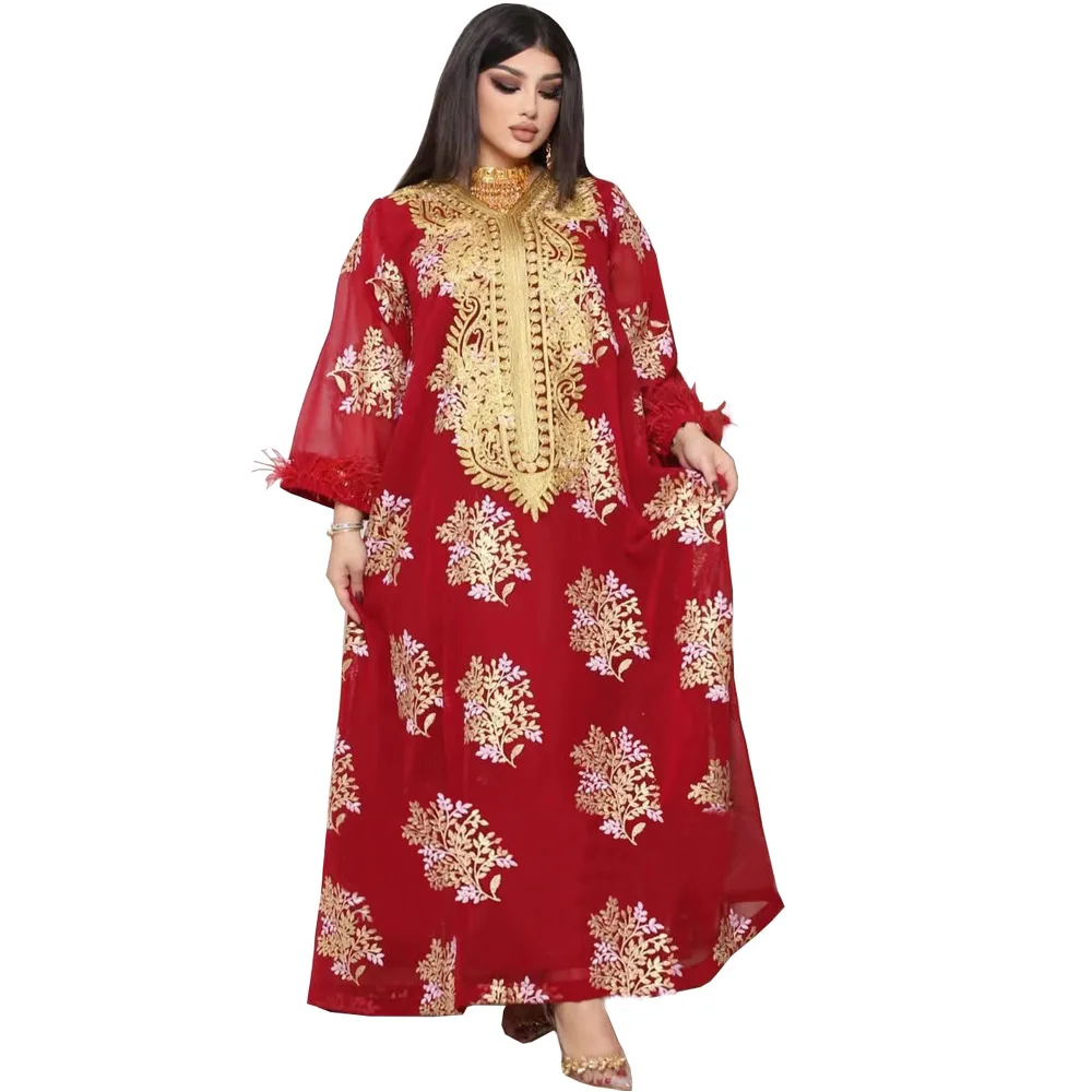 LYZAb214 2022 Muslim Summer New Middle East Dubai Gold Flower Embroidered Ostrich Abaya Lace Big Long Dress