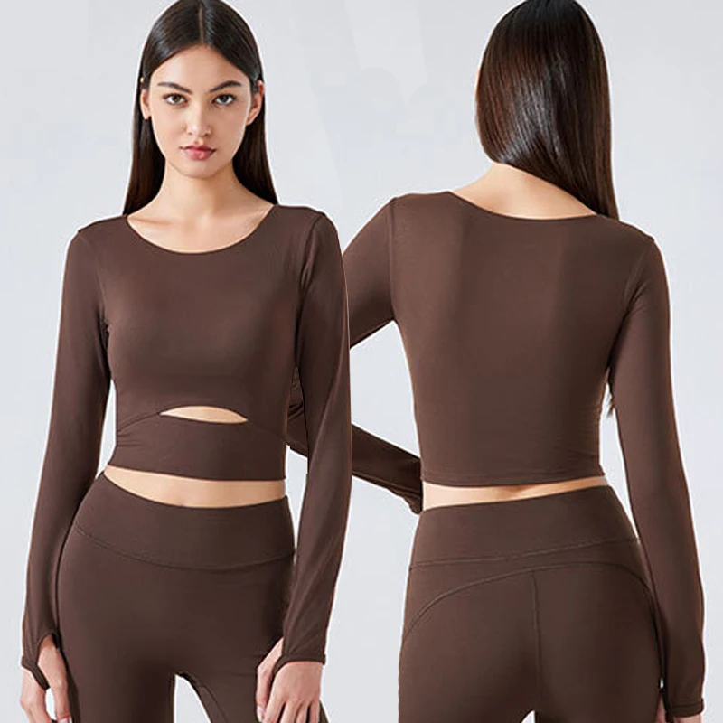 Cutout Front Padded Gym Sports Long-Sleeved Women Workout Shirts Slim Fit Athletic Crop Yoga Tee