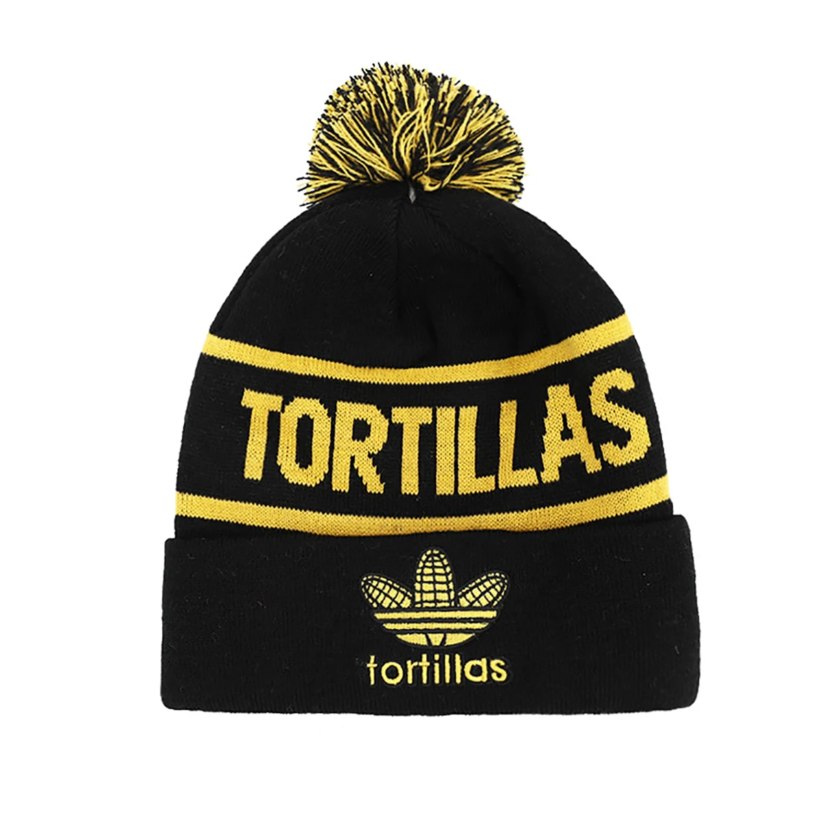 Promotional Custom Logo Embroidery Patch Jacquard Acrylic Knitted Mixed colors  Pom Pom Beanies Hat with top ball and Brim Cuff