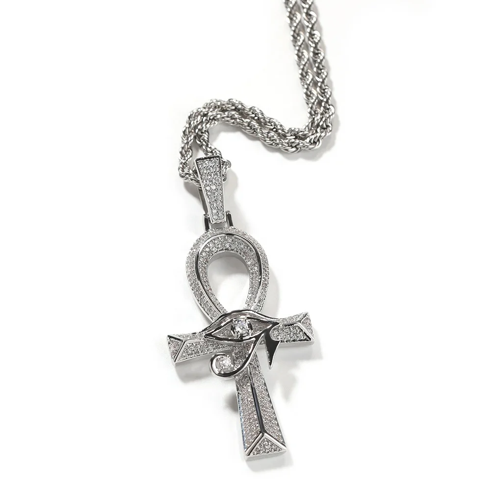 Mens Hip Hop Rapper Jewelry Iced Out Crystal Coptic Amulet Ancient Egyptian Cross Pendant Eye Of Horus Ankh Necklace