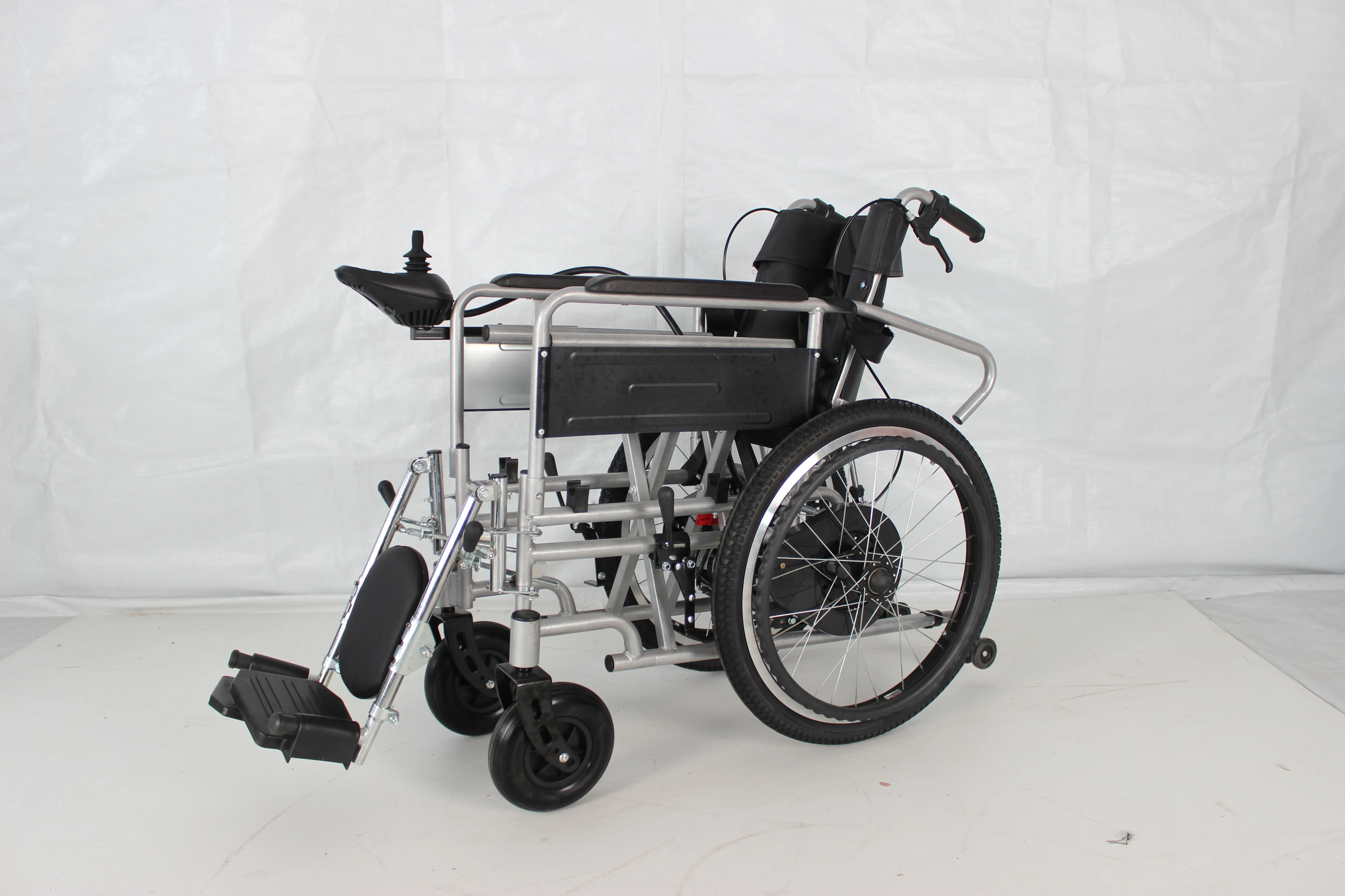 electric wheelchair high backrest moved both electrically  manually dual motor drive electronic brake system folding wheelchair