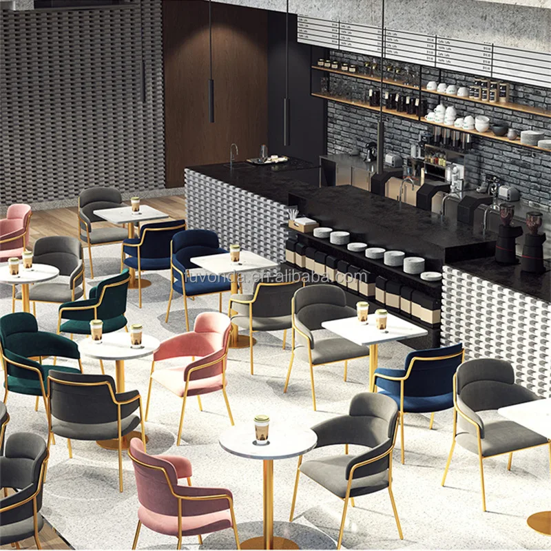 Luxury coffee salon chair and table restaurant dining table with 4 seats velvet chairs and tables for coffee shop