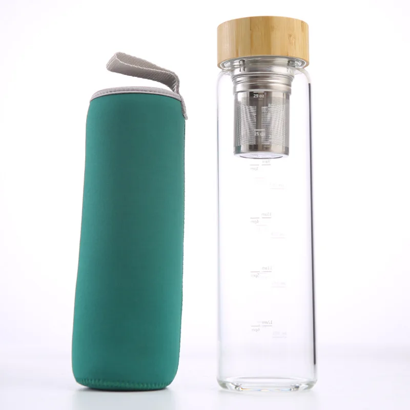 1000ml Borosilicate Glass Sport Water Bottle with Direct Drinking Bamboo Lid Colorful Frosted Logo Design Leakage Proof