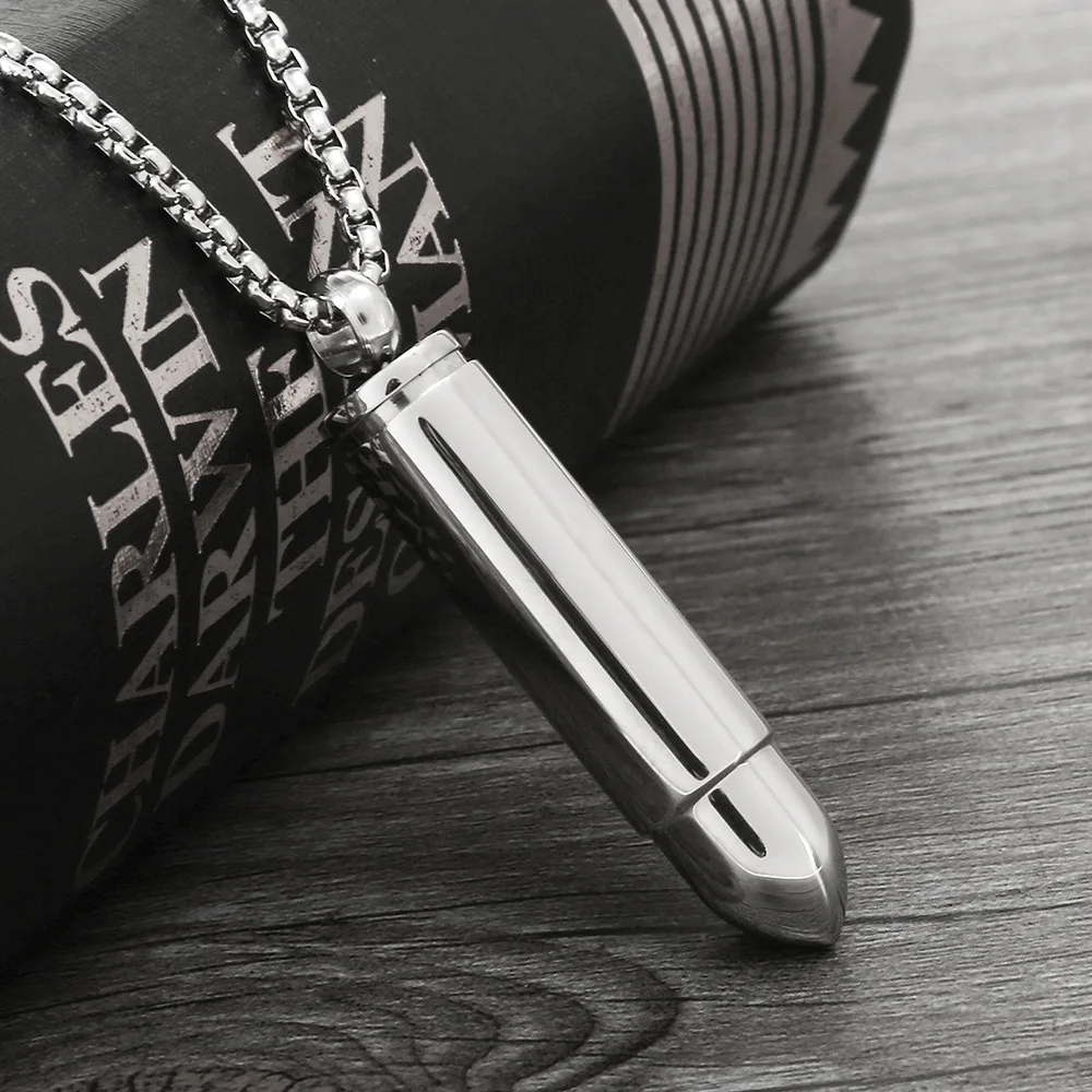 Cylindrical Bullet Shape Pendant Necklaces Lettering Stainless Steel Long Strip Bullet Necklaces
