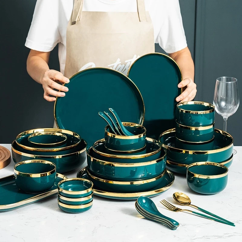 Ceramic Dinner Plates Dinnerware Set Dishes Luxury Green Food Salad Soup Bowl Plate And Bowls Set For Restaurant Hotel