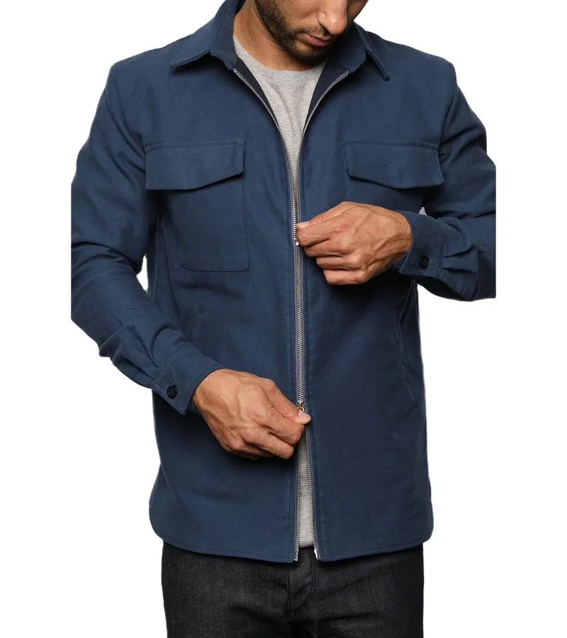 Custom Logo Turn Down Collar Metal Zip Up Durable Cotton Polyester Blend Twill Jacket Work Wear Jacket For Men
