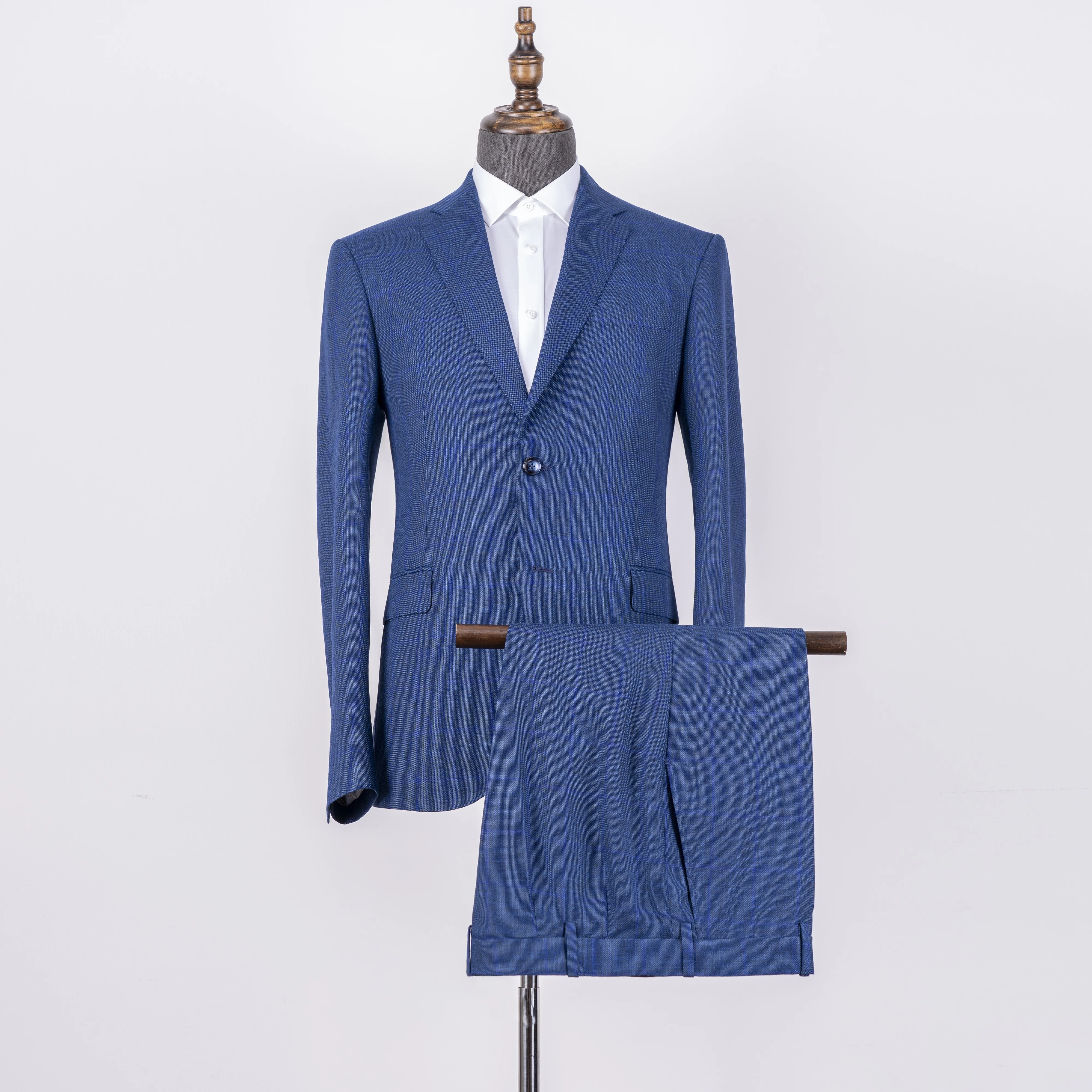 Clothing Manufacturers For Custom Suits Navy Two  Pieces Plaid Slim Fit MTM Wool Mens Business Casual Tailored Suit