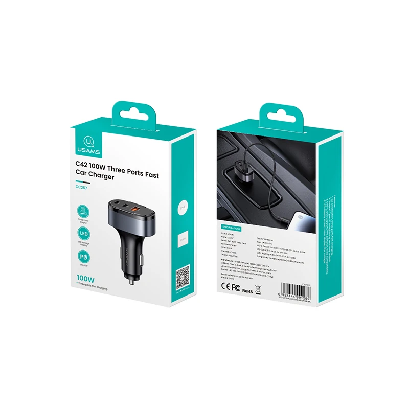 USAMS New Fast 100W USB Car Charger LED Digital Display PPS smart fast charger Compatible with iPhone Type 2.1A