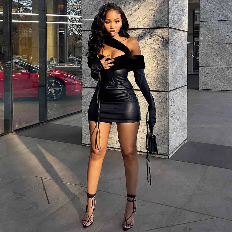 Peeqi K23D35823 Autumn dress solid boat neck PU leather long sleeve skinny dress belt package hip mini patchwork dress for lady