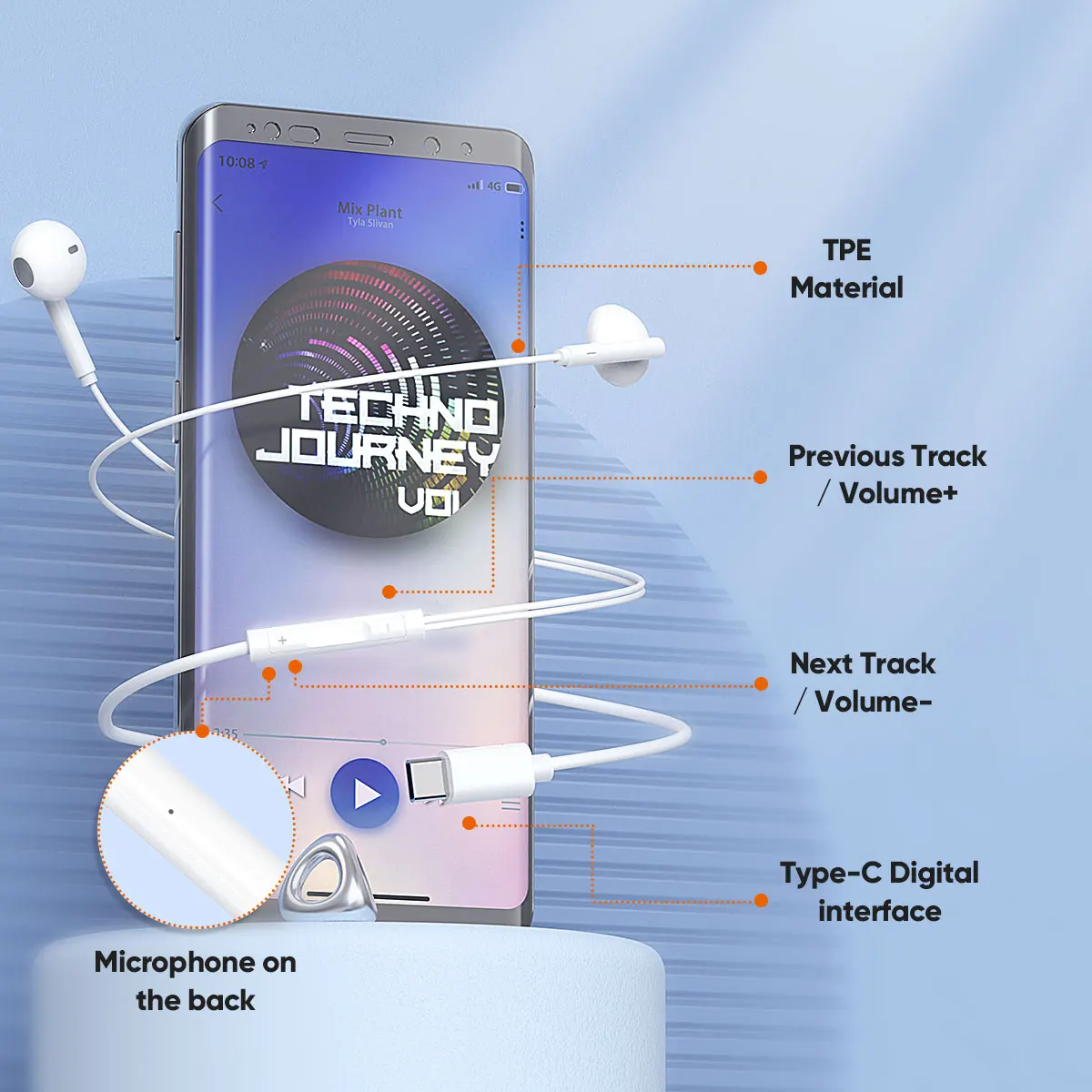 VIDVIE Real Android Digital Wired USB Type C Handsfree Wire Bass Earphone With Mic Line Control