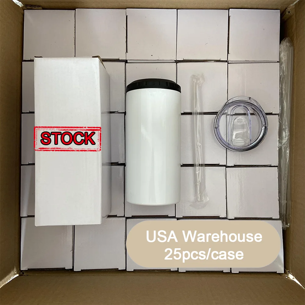 USA warehouse 4 in 1 16oz skinny straight Stainless Steel Insulated slim sublimation can cooler for drink