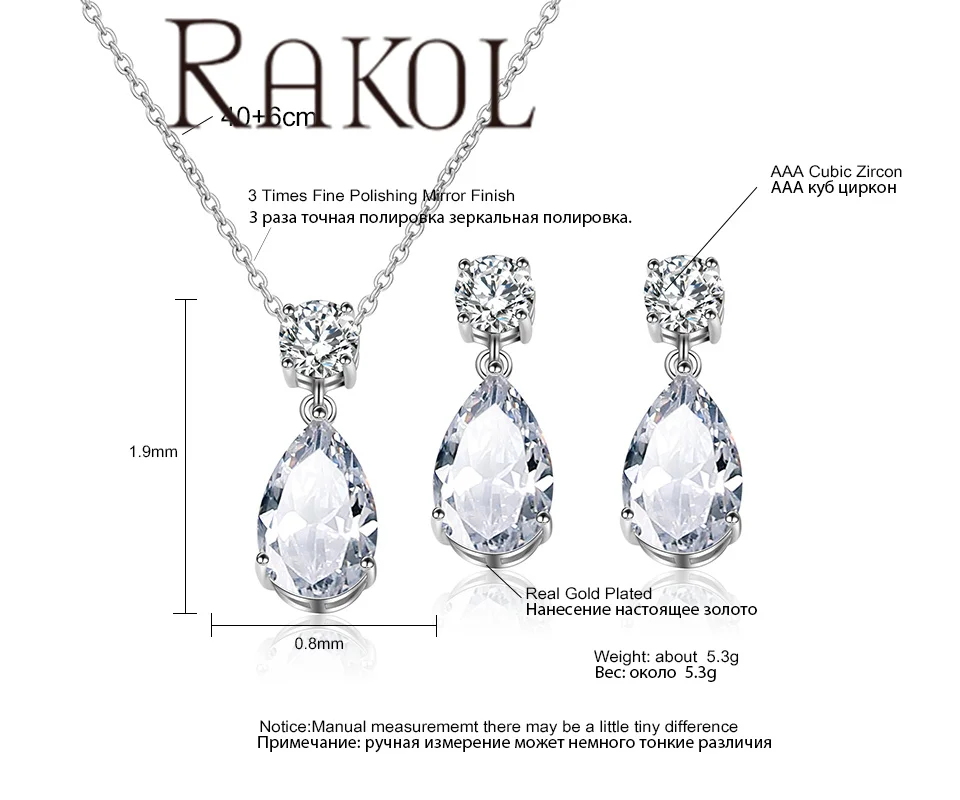 RAKOL SP272 Simple Teardrop Crystal Gemstone Zircon Chain Necklace Earrings Jewelry Set