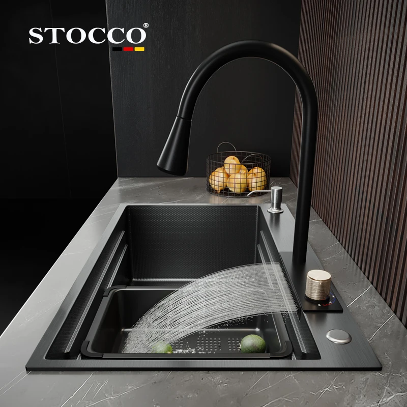 luxury modern draining single bowl 304 stainless steel multifunction kitchen sink black waterfall faucet kitchen sinks