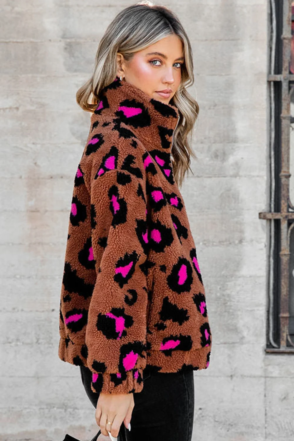 Dear-Lover Western Clothing Custom Winter Warm Leopard Zip Up Stand Collar Sherpa Teddy Women Fleece Jacket