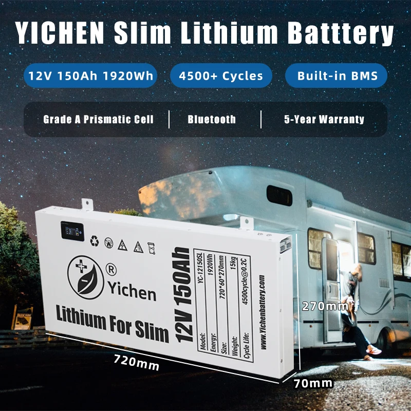 Dual Purpose 12v Slimline LiFePO4 Batteries Lithium ion Battery 100ah 150ah 200ah Camping  LFP battery with Bluetooth Display