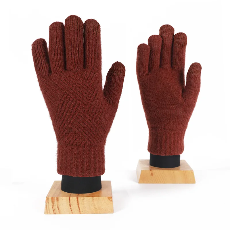 Custom logo acrylic warm winter knitted mittens jacquard touch screen gloves