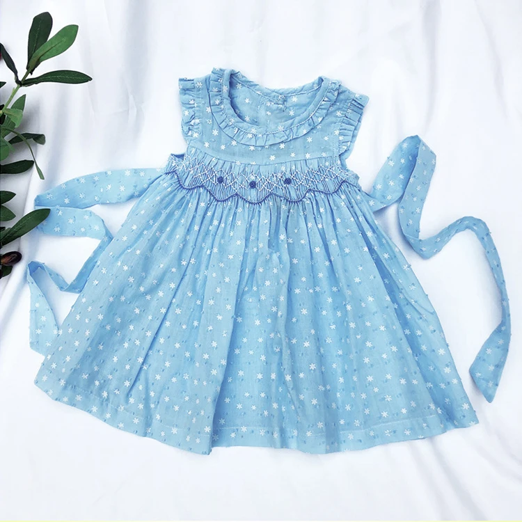 Quality Fashion Sky Blue Solid Neckline Floral Sleeveless Solid Girl Somcked Dress With  For Toddler 1-3 Years