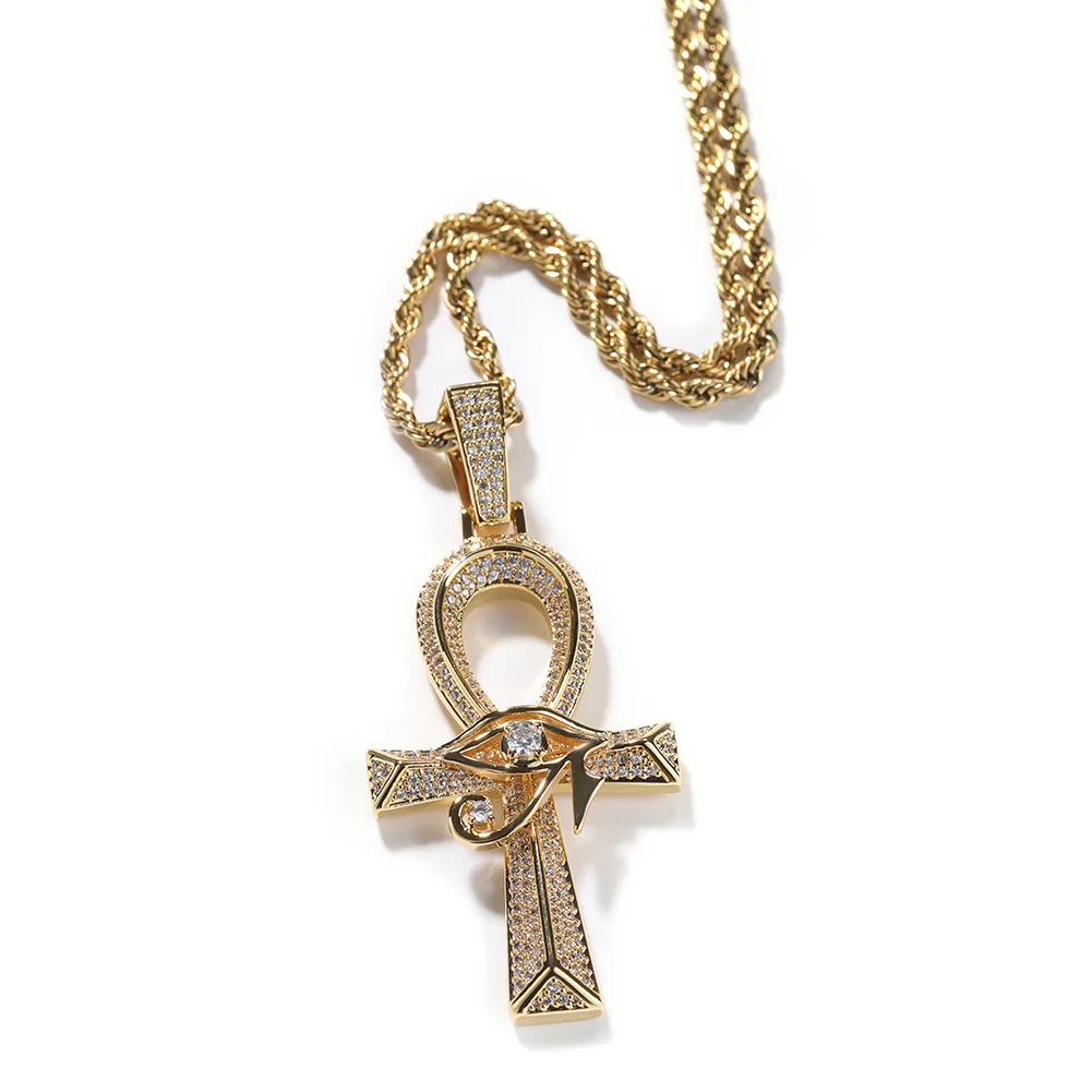 Iced Eye of Horus Egypt Ankh Pendant CZ Cross Ankh Good Luck Symbol Stainless Steel Pendant Necklace Hip Hop Pendant Amulet