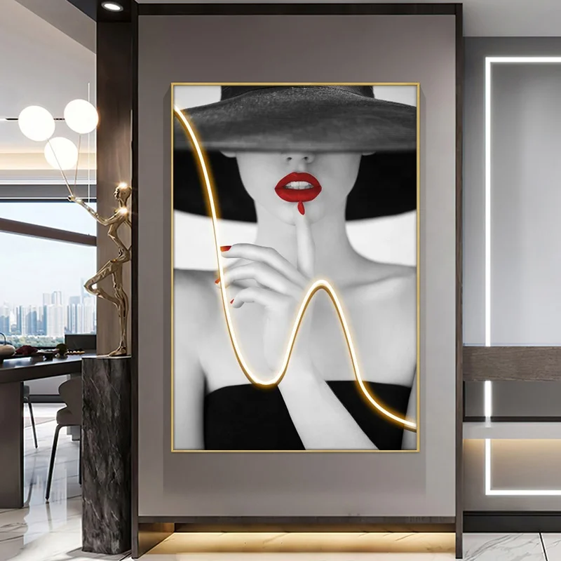 Light Luxury Living Room Porch Wall Large Hanging Painting Floor Painting LED Lights With Girl Characters Canvas Painting