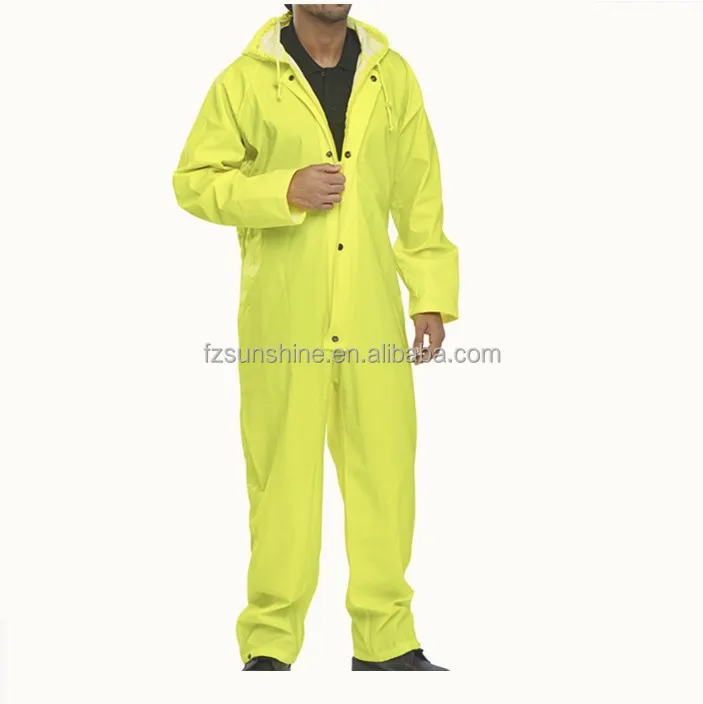 Hooded Waterproof work wear coverall with reflector PU saturn yellow rain coverall