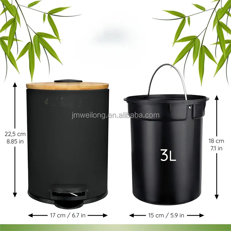 Home 3L Pedal Bin With Bamboo Lid & Pedal Metal Trash Can Garbage Bin Kitchen Toilet Washing Room