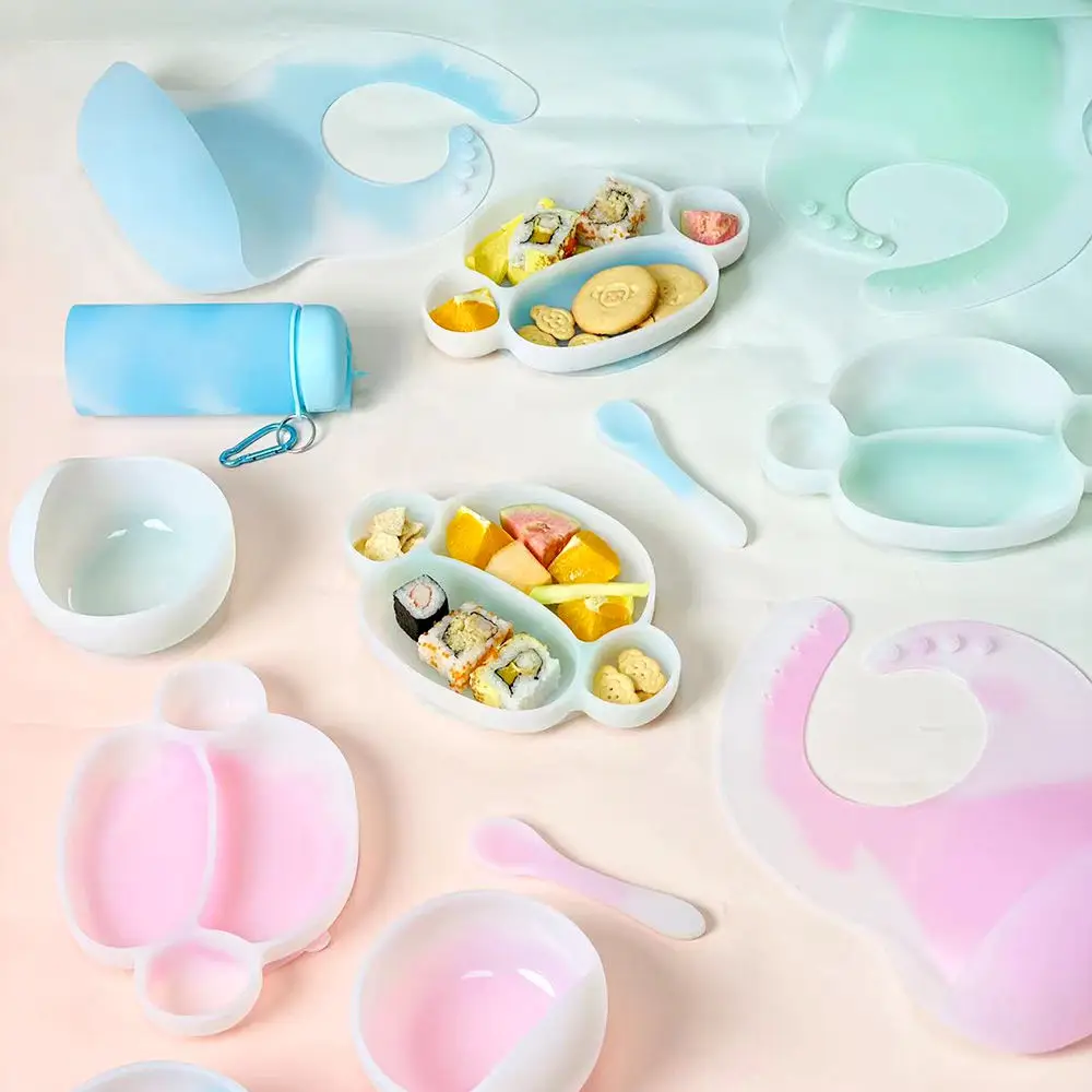 Bpa Freekit Tableware Silicone Set Suction Plate Cup And Suction Bowl And Spoon Bib Biodegradable For Kids Toddlers