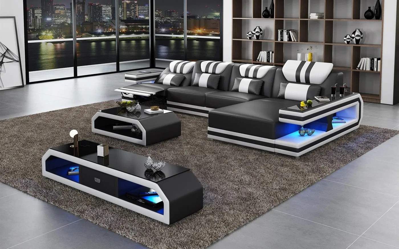 modern leather sectional sofa set furniture sofa living room furniture with led light