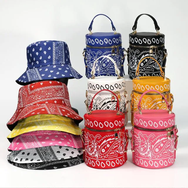 Fashion Bucket Cross body Bag For Women Colorful Paisley Printing Matching NY Purse And Hat Set
