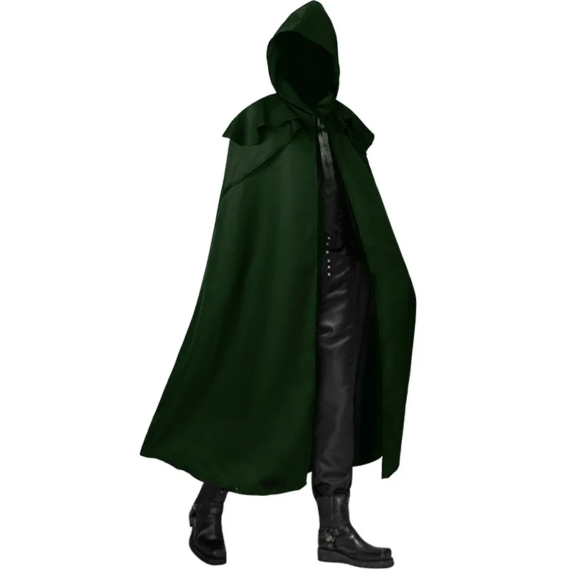 Men Cloak Hooded Medieval Monk Costume Solid Windproof Mens Trench Coat Gothic Wicca Wizard Cape Halloween Death Mantles