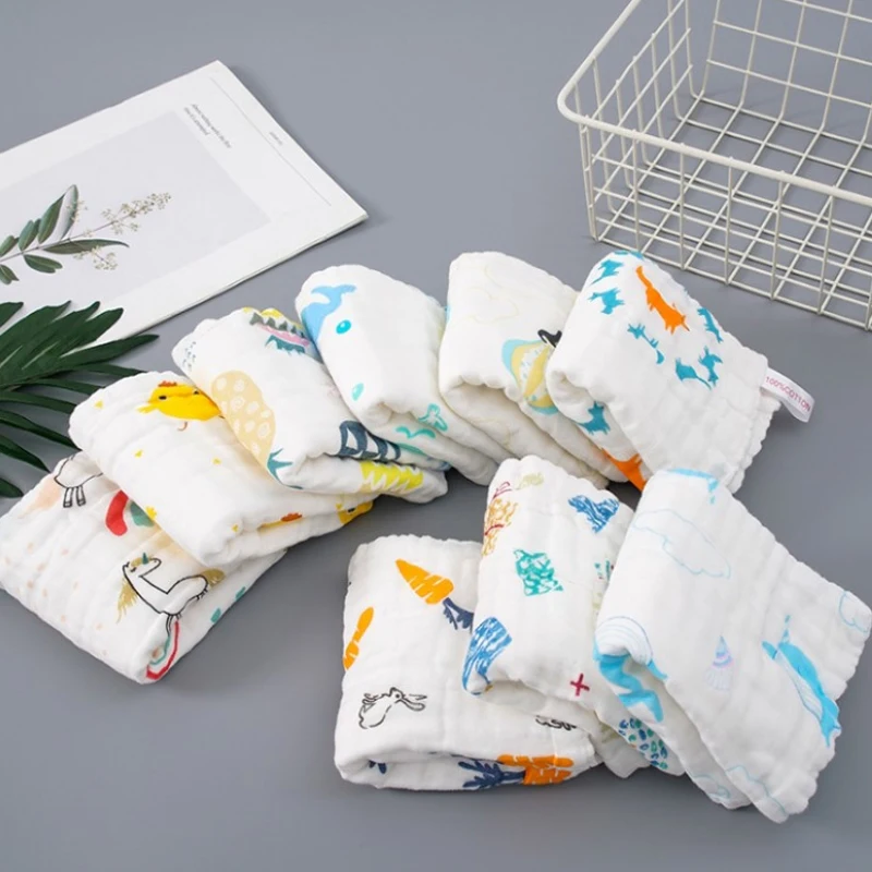 Printed Cartoon Characters Seersucker Square Saliva absorbent  Towel Soft Newborn Muslin Gauze Baby face towel