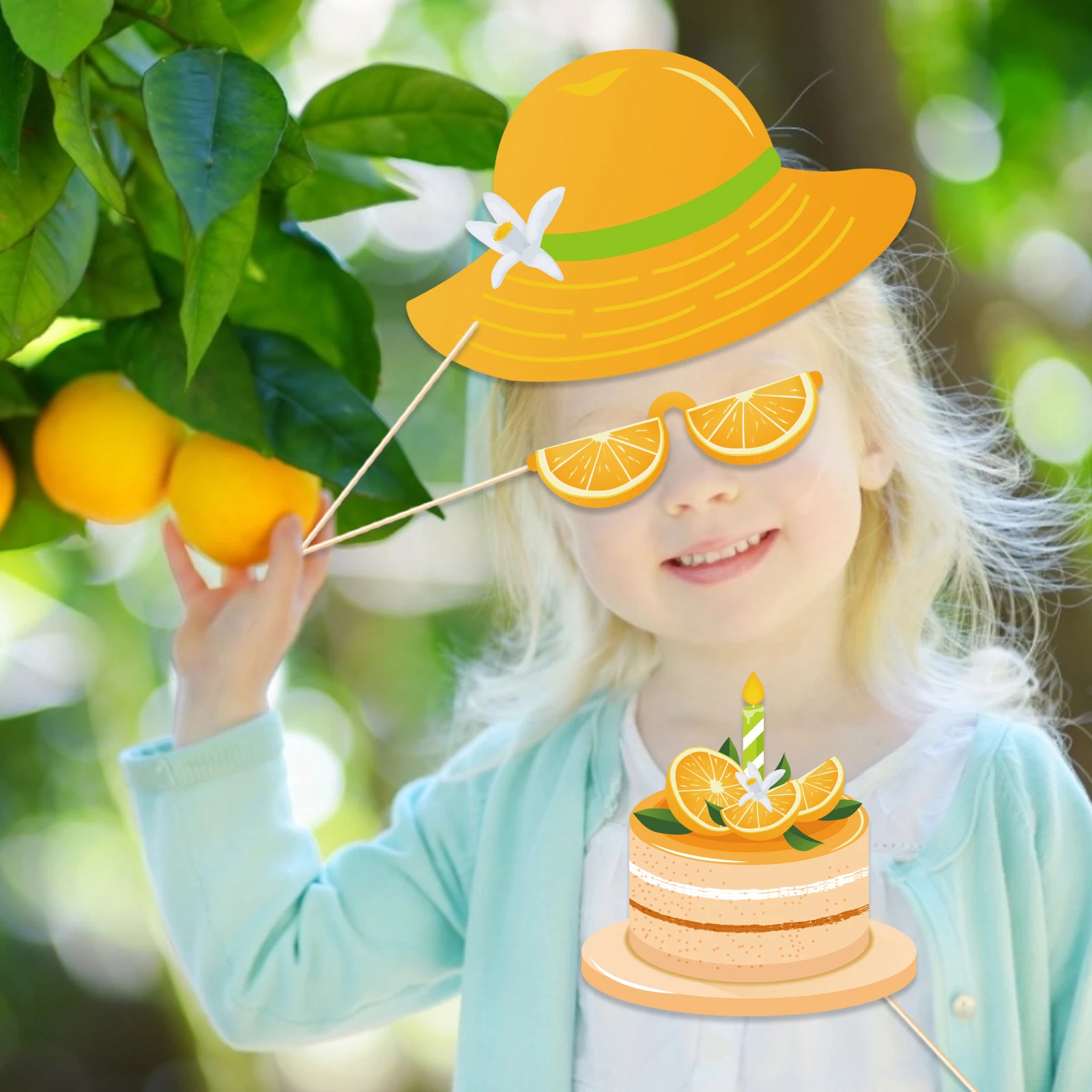 Huancai Oranges Photo Booth Props Cute Fruits Party Props Kit with Wooden Sticks for Baby Shower Kids Birthday Party Supplies