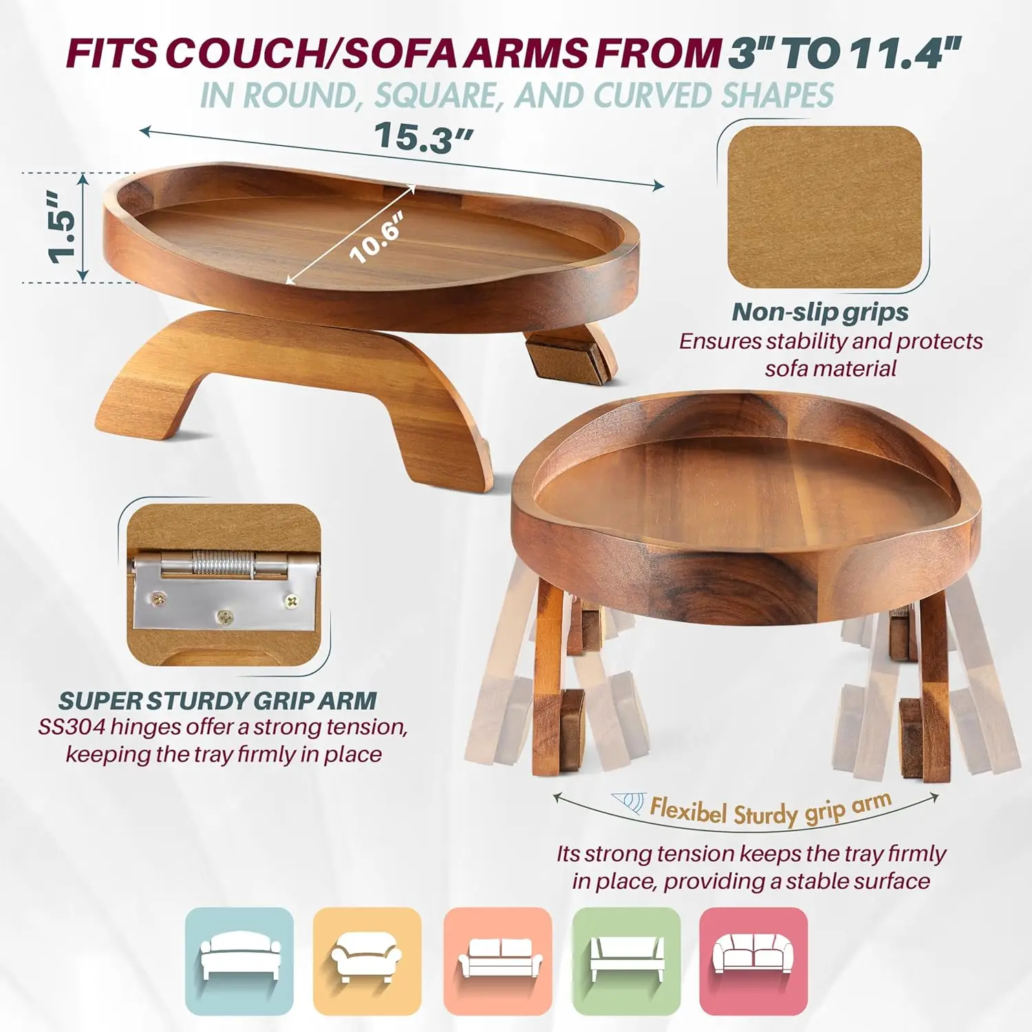 Wholesale Custom Wooden sofa armrest tray with Sofa armrest table wooden serving tray for Food Storage and Table Use