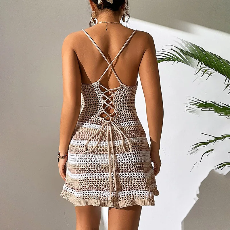 Summer knitted Sleeveless Bodycon Mini Dress girls hollow out Crochet beach wear Clubwear Halter Slim Dress